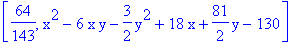 [64/143, x^2-6*x*y-3/2*y^2+18*x+81/2*y-130]